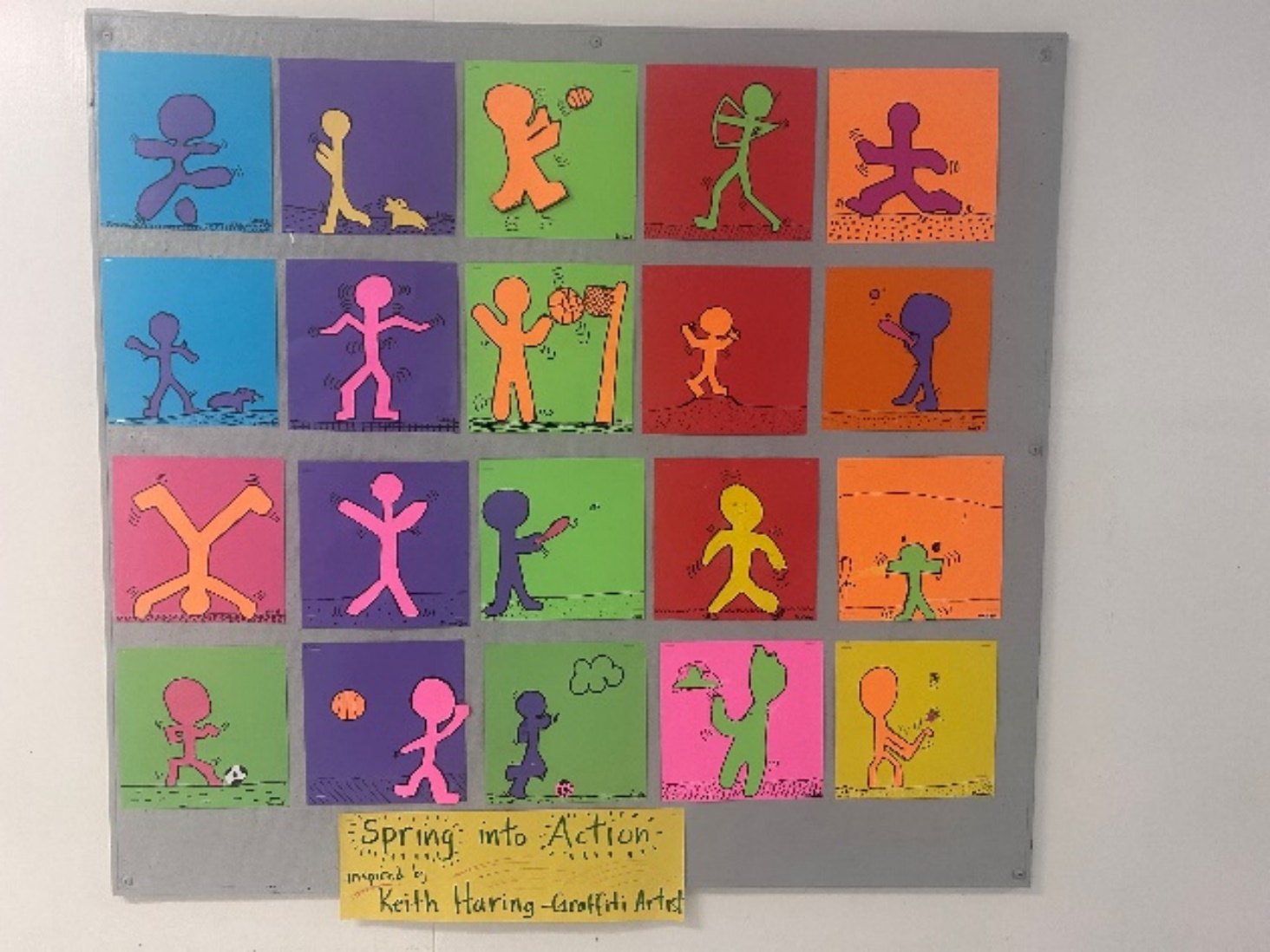 A group of colorful squares with different figures on them
Description automatically generated