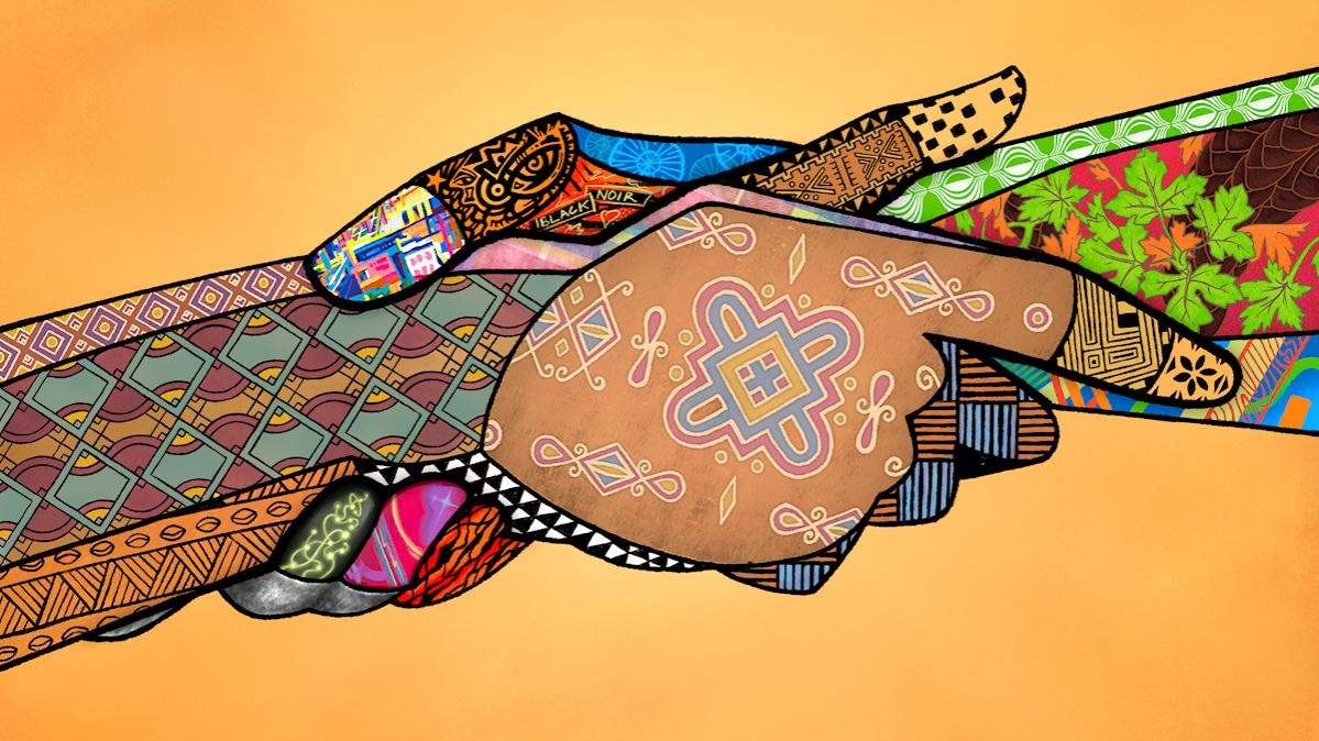 Colourful representation of a person's arm and hand grasping the wrist of another arm and hand, locked in support.