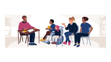 A graphic of a group of diverse students and a teacher in a classroom