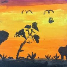A watercolour painting of an evening silhouette of trees and birds that looks like something from the desert or African savannah
